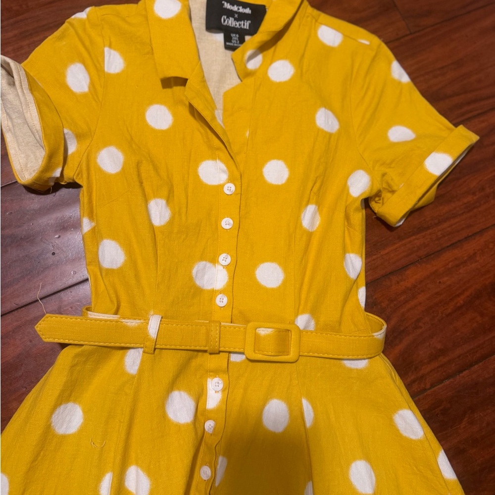 Modcloth Yellow Polka Dot Belted Midi Dress with White Spots - Picture 9 of 10